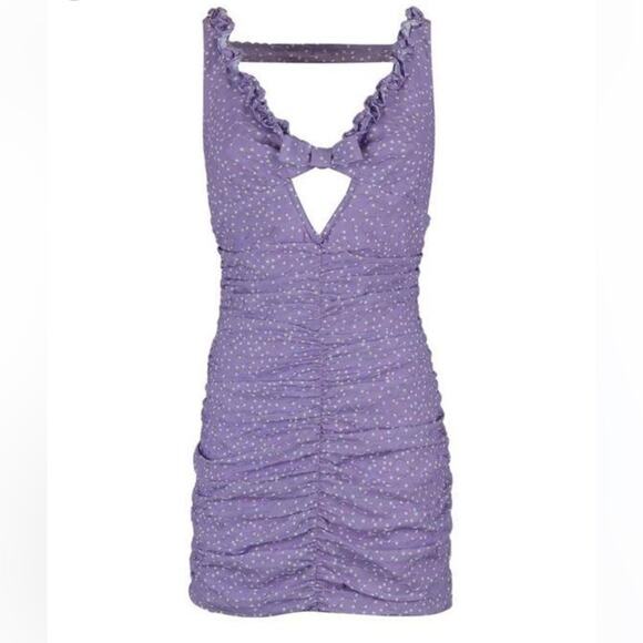 For Love & Lemons Chelsie Mini Dress with all over Polka Dot Print in Purple S - Picture 1 of 10
